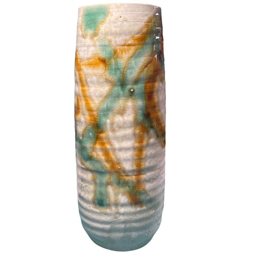 Japanese Stoneware Pottery Ribbed Cylinder Vase Crackle Glaze Amber Green Cream